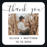 Elegant minimalist script wedding thank you photo square sticker<br><div class="desc">Elegant black and white minimalist script wedding thank you photo sticker. Please contact me if you need additional items.</div>