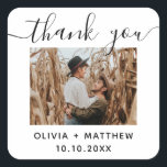 Elegant minimalist script wedding thank you photo square sticker<br><div class="desc">Elegant black and white minimalist script wedding thank you photo sticker. Please contact me if you need additional items.</div>