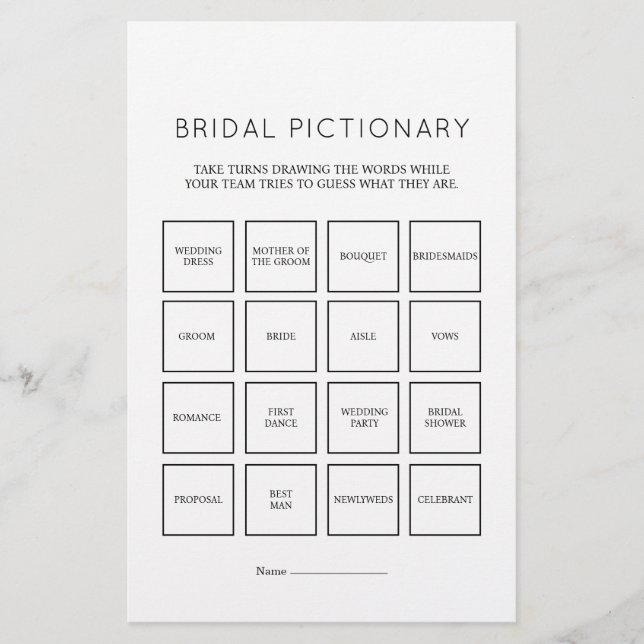 Elegant Minimalist Simple Bridal Pictionary Game (Front)