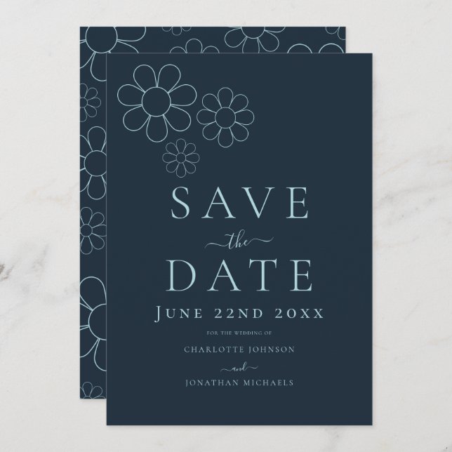 Elegant Minimalist Simple Daisy Navy Blue Wedding Save The Date (Front/Back)