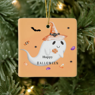 Elegant Minimalist Snoopy: Happy Halloween Pink Ceramic Ornament