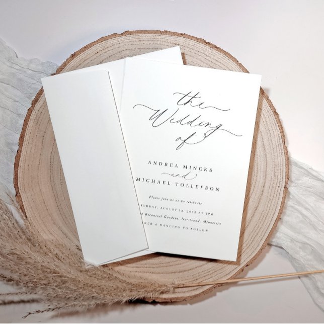 Elegant Minimalist Sophisticated Timeless Wedding Invitation (Minimalist wedding invitation with elegant script, displayed on a wood slice with pampas grass)