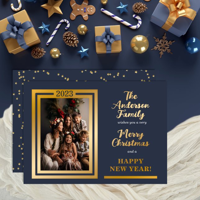 Elegant Minimalist | Stars | Merry Christmas Photo (Classy and elegant one photo real gold foil "Merry Christmas" and "Happy New Year" design.)