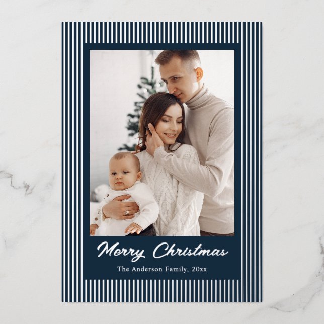 Elegant Minimalist Striped Navy Blue Christmas (Front)