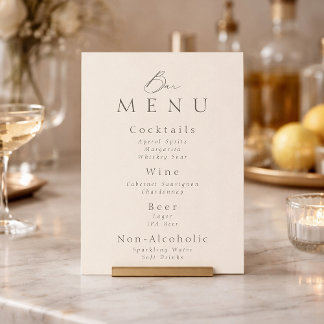 Elegant Minimalist Taupe Wedding Bar Menu Sign Invitation