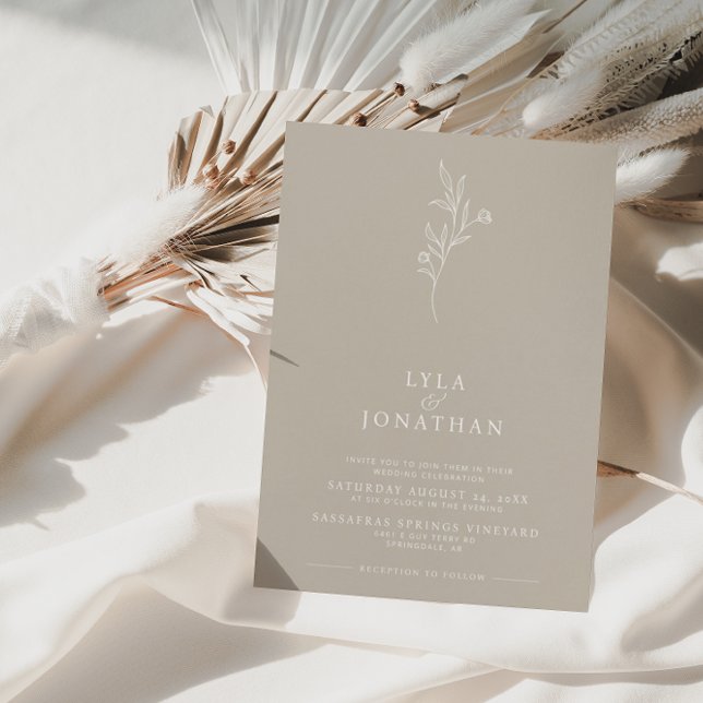 Elegant Minimalist Taupe & White Floral Wedding Invitation (Creator Uploaded)