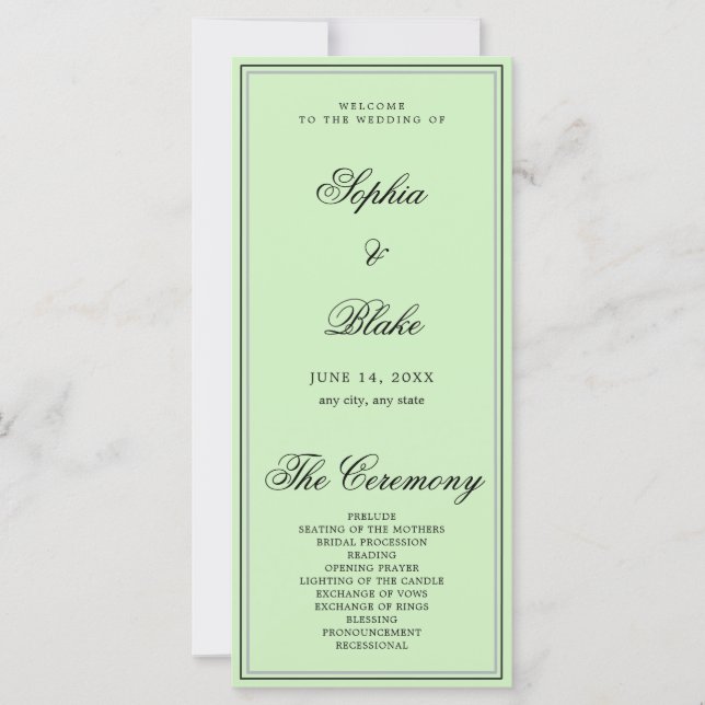 Elegant Minimalist Tea Green Wedding Program (Front)