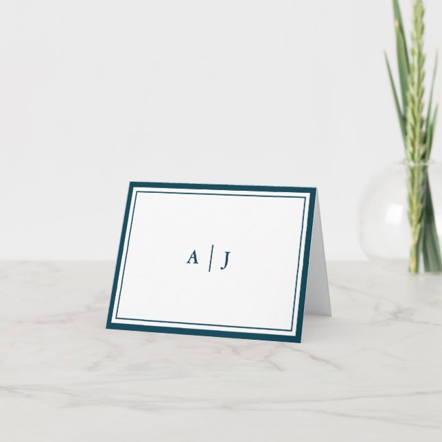 Elegant Minimalist Teal Blue Monogram Folded Note Card (Front)