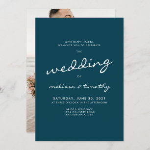Elegant Minimalist Teal Blue Photo Wedding Invitation