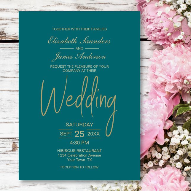 Elegant Minimalist Teal Gold Wedding Invitation (Creator Uploaded)