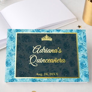 Elegant Minimalist Teal Rose Floral Quinceanera Guest Book