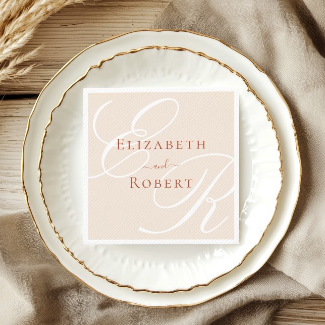Elegant Minimalist Terracotta Monogram Wedding Napkin (Elegant Minimalist Terracotta Monogram Wedding Napkins on a gold and white porcelain plate)