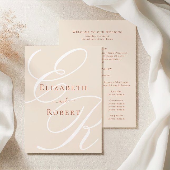 Elegant Minimalist Terracotta Monogram Wedding Programme (Elegant Minimalist Terracotta Monogram Wedding Program on an elegant silky tableclothes)