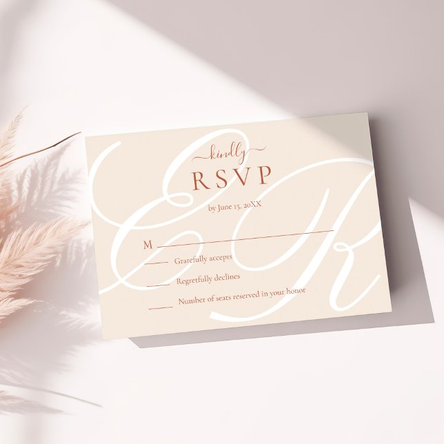 Elegant Minimalist Terracotta Monogram Wedding RSVP Card (Elegant Minimalist Terracotta Monogram Wedding RSVP Card on a sunny table with neutral dry botanical)