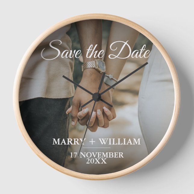 Elegant Minimalist Trendy Save The Date Photo Wall Clock (Front)
