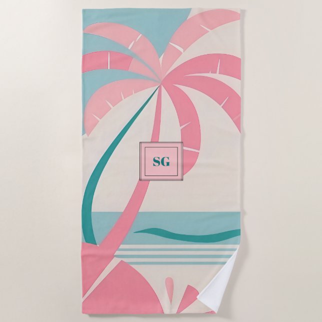 Elegant Minimalist tropical pink teal monogram  Beach Towel (Front)