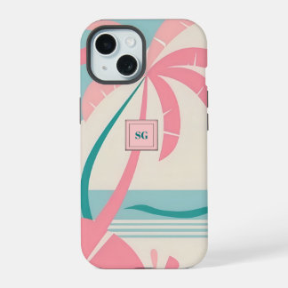 Elegant Minimalist tropical pink teal monogram iPhone 15 Case