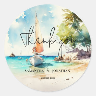 Elegant minimalist watercolor boat cruise wedding  classic round sticker