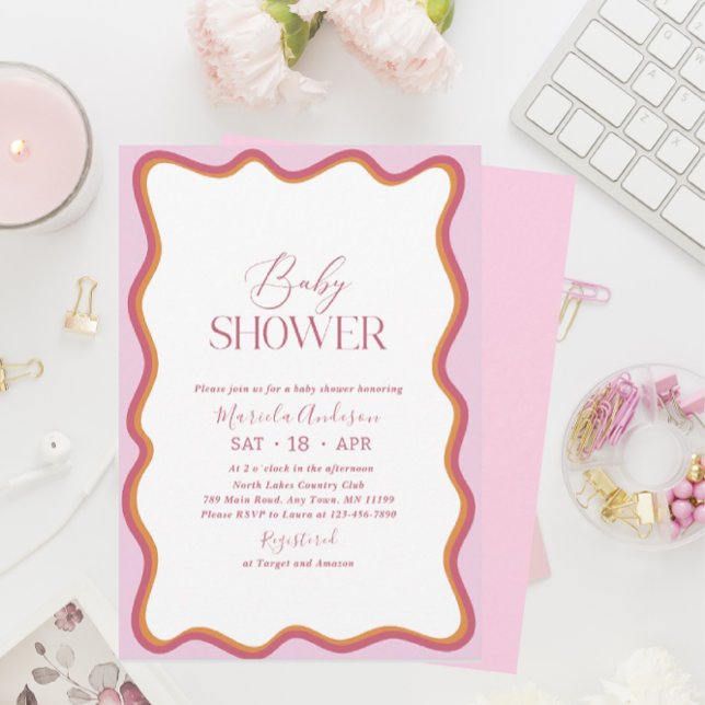 Elegant Minimalist Wavy Hot Pink and Orange Waterc Invitation (Creator Uploaded)