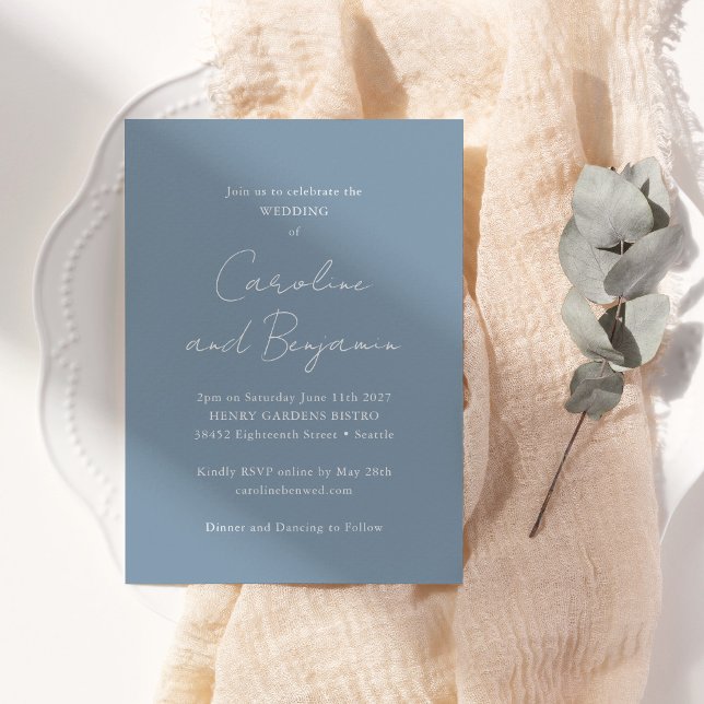 Elegant Minimalist Wedding Chic Script Dusty Blue Invitation (Creator Uploaded)