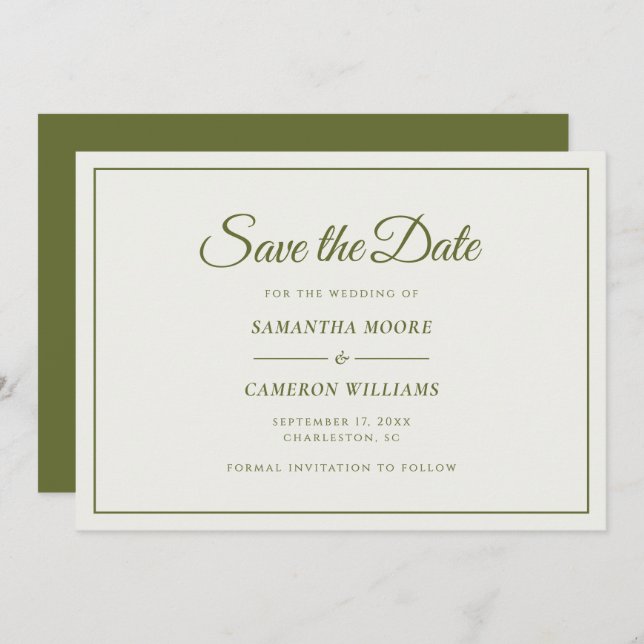 Elegant Minimalist Wedding Cream & Olive Green Save The Date (Front/Back)
