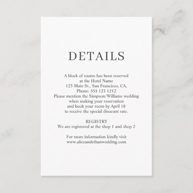 Elegant Minimalist Wedding Details Photo Enclosure Card (Front)