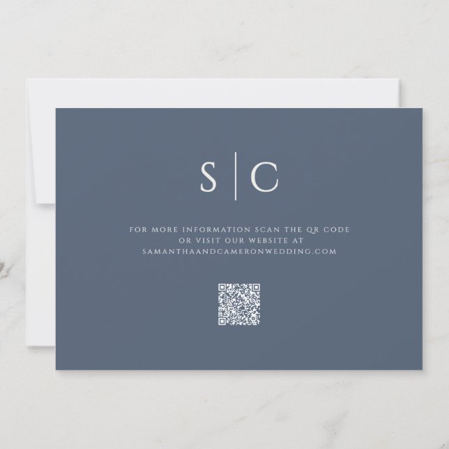Elegant Minimalist Wedding Monogram QR Code Navy Save The Date (Back)