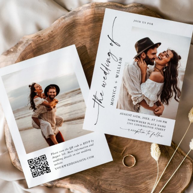 Elegant Minimalist Wedding Photo QR code 2 PHOTO Invitation (Creator Uploaded)