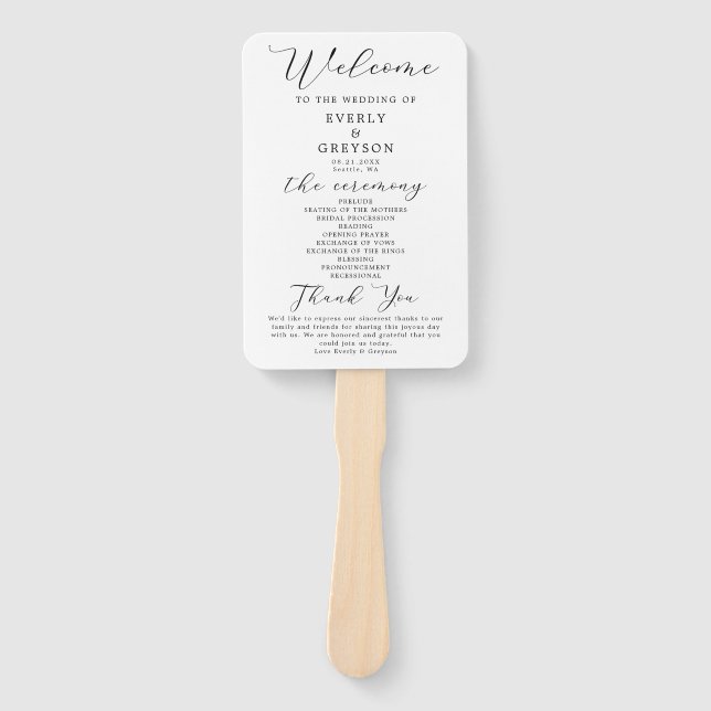 Elegant Minimalist Wedding Program Hand Fan (Front)