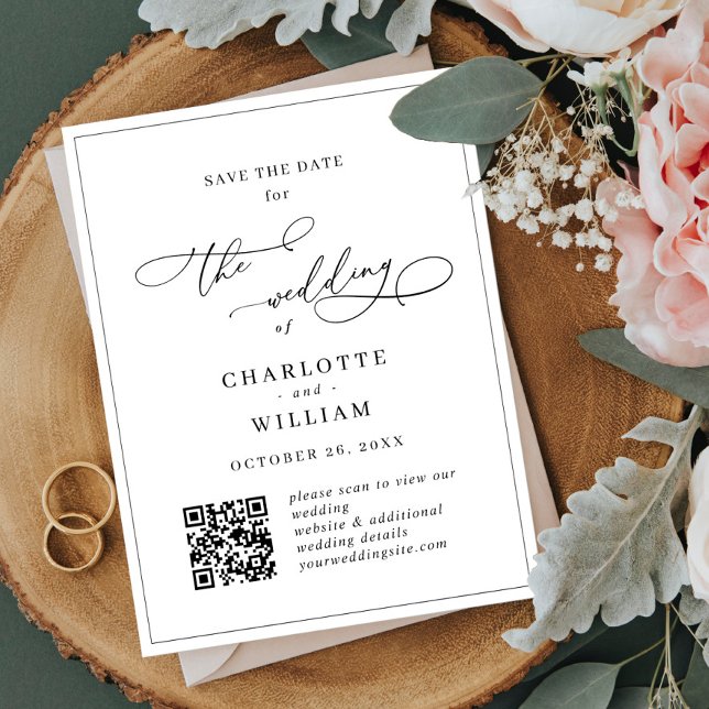 Elegant Minimalist Wedding Save the Date QR code Postcard (Creator Uploaded)