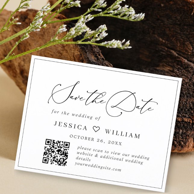 Elegant Minimalist Wedding Save the Date QR code Postcard (Creator Uploaded)