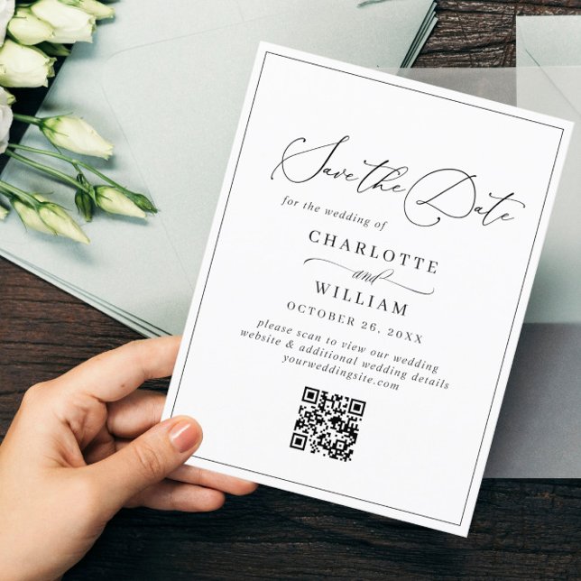 Elegant Minimalist Wedding Save the Date QR code Postcard (Creator Uploaded)