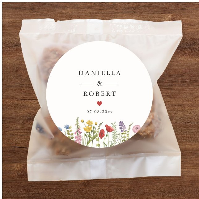 Elegant Minimalist Whimsical Wildflower Wedding Classic Round Sticker (personalized modern minimalist wildflower wedding sticker set)