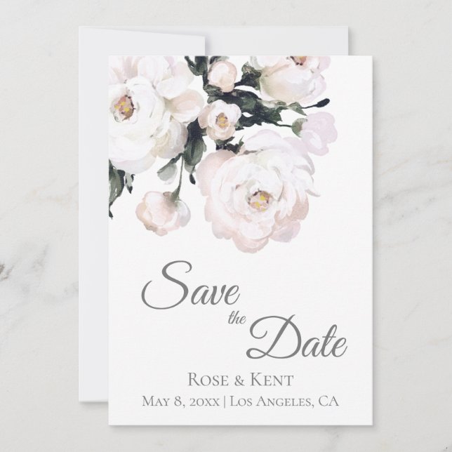Elegant Minimalist White Floral Photo Wedding Save The Date (Front)