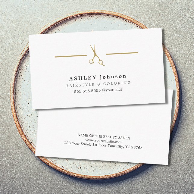 Elegant Minimalist White Gold Scissors Hairdresser Business Card (Creator Uploaded)