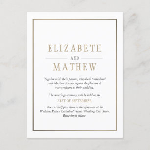 Elegant Minimalist White Gold Wedding Invitation Postcard