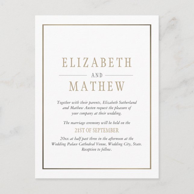 Elegant Minimalist White Gold Wedding Invitation Postcard (Front)
