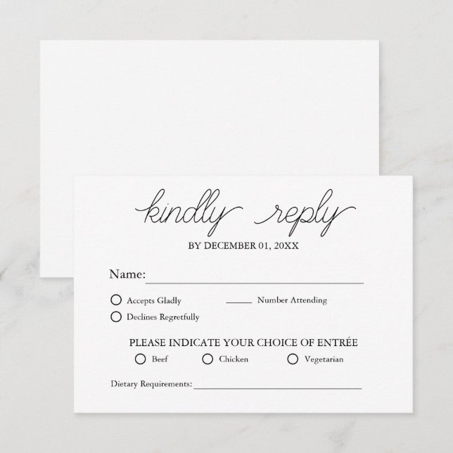Elegant Minimalist White Meal Option Wedding RSVP Card (Front/Back)