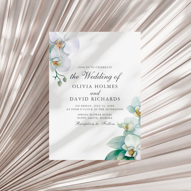 Elegant Minimalist White Orchid Wedding Invitation (Elegant Minimalist White Orchid Wedding Invitation on a white dry palm leaf.)