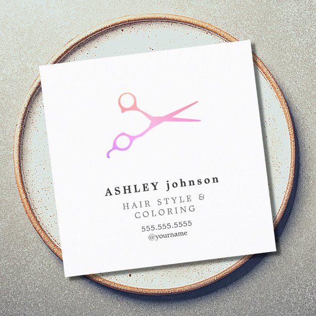 Elegant Minimalist White Pink Scissors Hairdresser Square Business Card (Creator Uploaded)