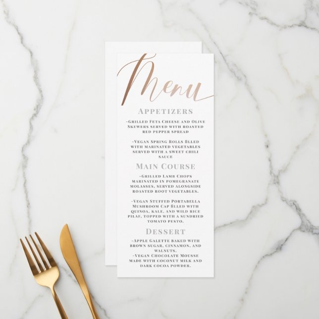  Elegant Minimalist White Rose Gold Script Wedding Menu (Front/Back In Situ)