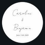 Elegant Minimalist White Script Wedding Custom Classic Round Sticker<br><div class="desc">This beautiful Wedding Custom Classic Round Sticker features fully editable text and an elegant white background.</div>