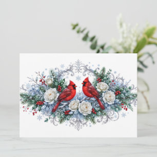 Elegant Minimalist White Winter Flowers & Cardinal Holiday Card