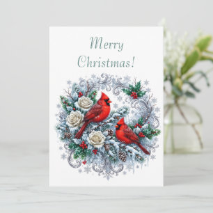 Elegant Minimalist White Winter Flowers & Cardinal Holiday Card