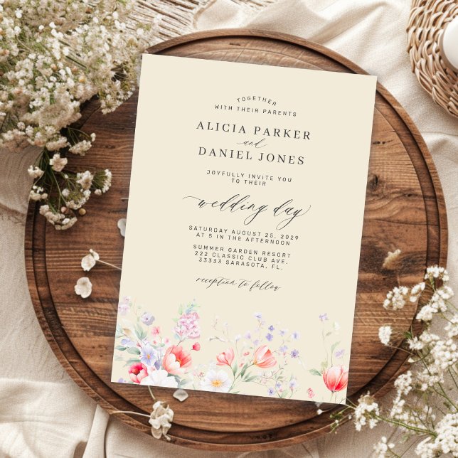 Elegant minimalist wildflower floral beige wedding invitation (Creator Uploaded)