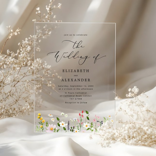 Elegant minimalist wildflower Simple wedding Acrylic Invitations (Creator Uploaded)