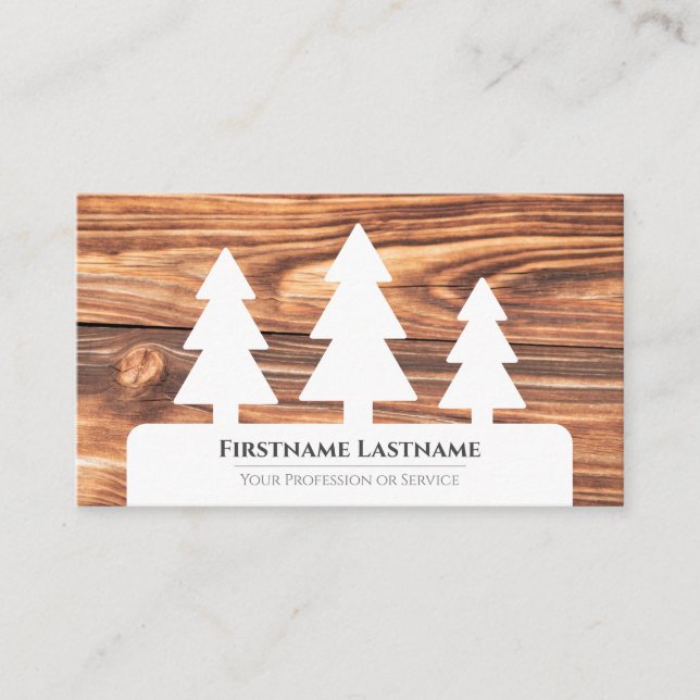 Elegant minimalistic white trees brown wood grain business card (Front)