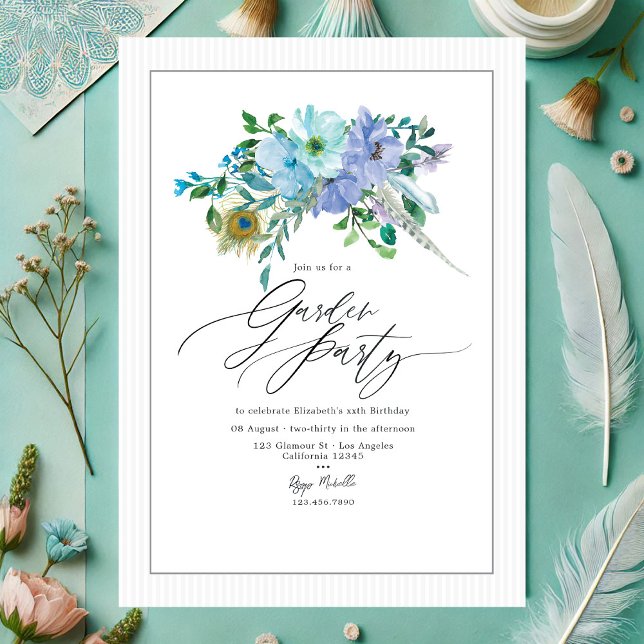 Elegant Mint and Blue Boho Floral Garden Party Invitation (Elegant Mint and Blue Boho Floral Garden Party Invitation)