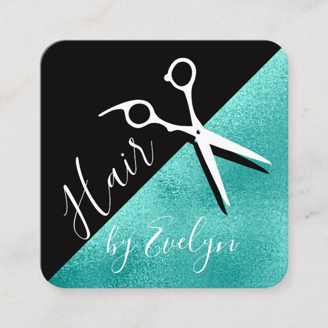 Elegant mint blue & black scissors hairstylist square business card (Front)
