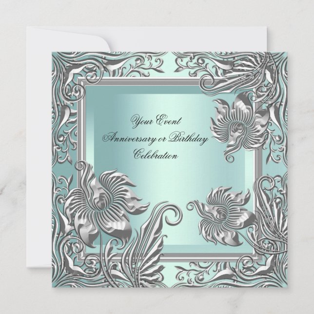 Elegant Mint Blue Silver Floral Party Invitation (Front)